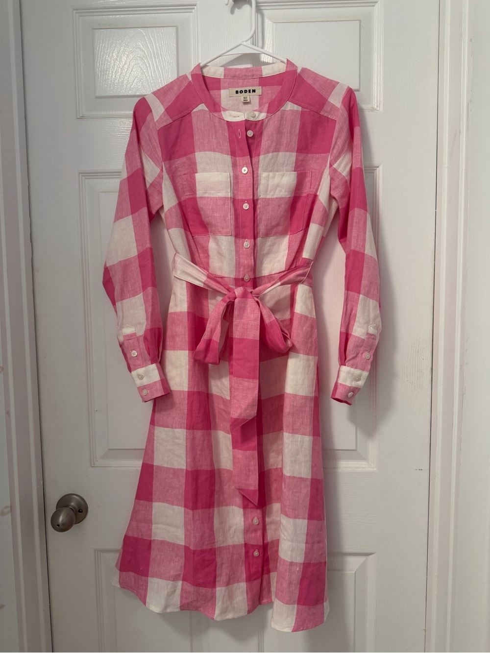 Boden Pink and White Large Gingham Long-Sleeve, Midi, Tie-Waist Dress in Linen